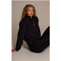 Black Cotton Fleece Quarter Zip Sweatshirt | PrettyLittleThing US
