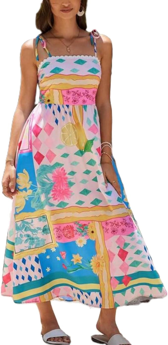 Women Boho Cami Long Dress Graphic Spaghetti Strap Flowy Maxi Dress Summer A Line Beach Vacation ... | Amazon (US)