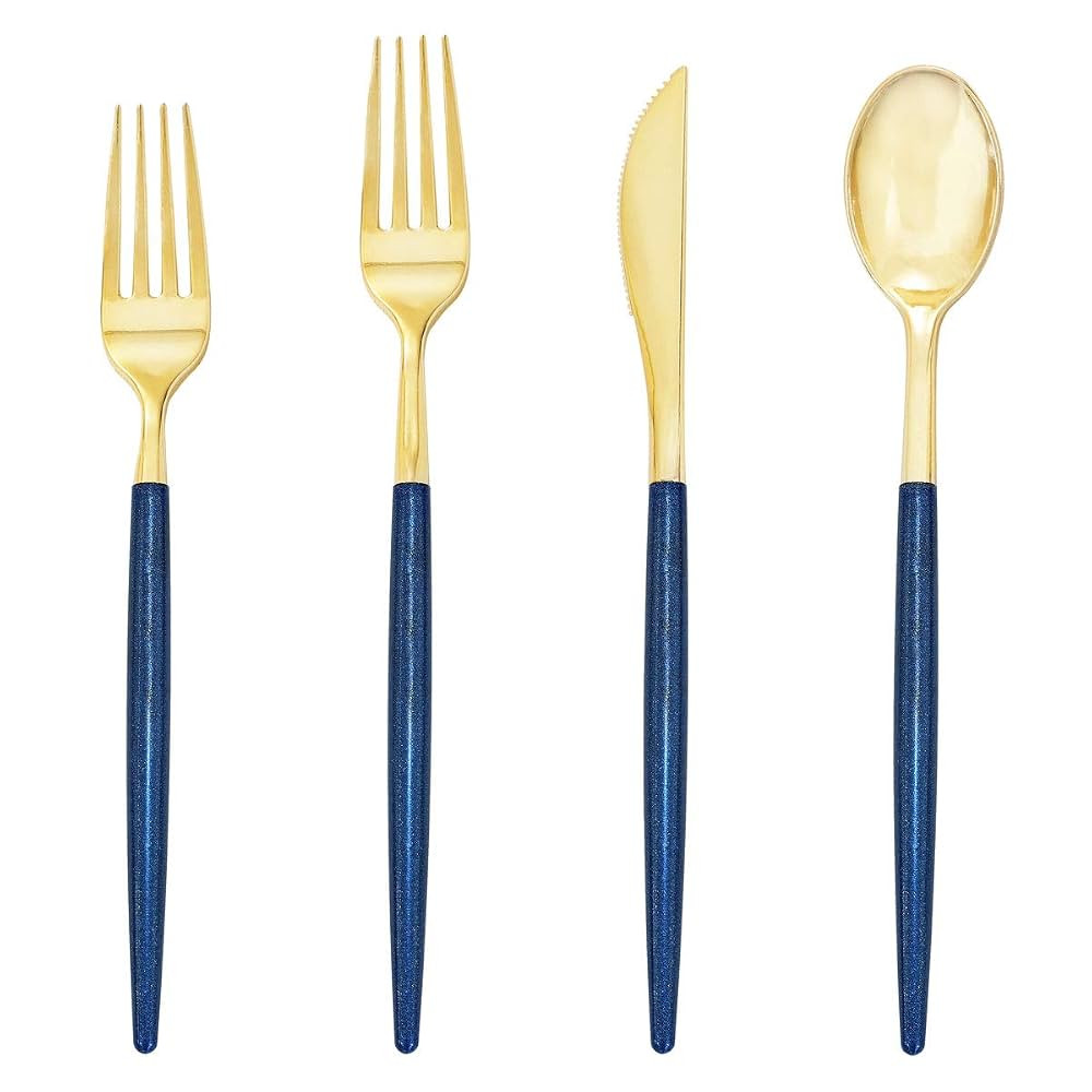 Supernal 180pcs Gold and Blue Plastic Silverware,Gold Plastic Flatware with Blue Glitter Handle,D... | Amazon (US)