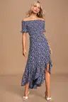 Fleur-tation Navy Blue Floral Print Off-the-Shoulder Midi Dress | Lulus (US)
