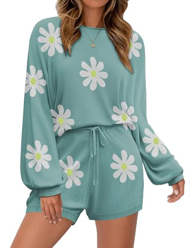 Ekouaer Knit Pajamas Set for Women Lounge Sets Long Sleeve Sweatsuit Matching 2 Piece Outfits Cute Sweater Sets Floral Peacock Blue S | Amazon (US)