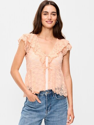 Short-Sleeve Open-Front Lace Ruffle Top | Old Navy (US)