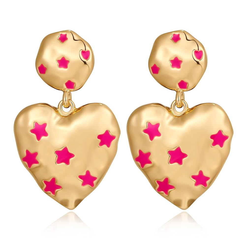 Gold Heart Earrings Gold Earrings for Women Gold Pink Dangle Earrings Fashion Statement Jewelry | Amazon (US)