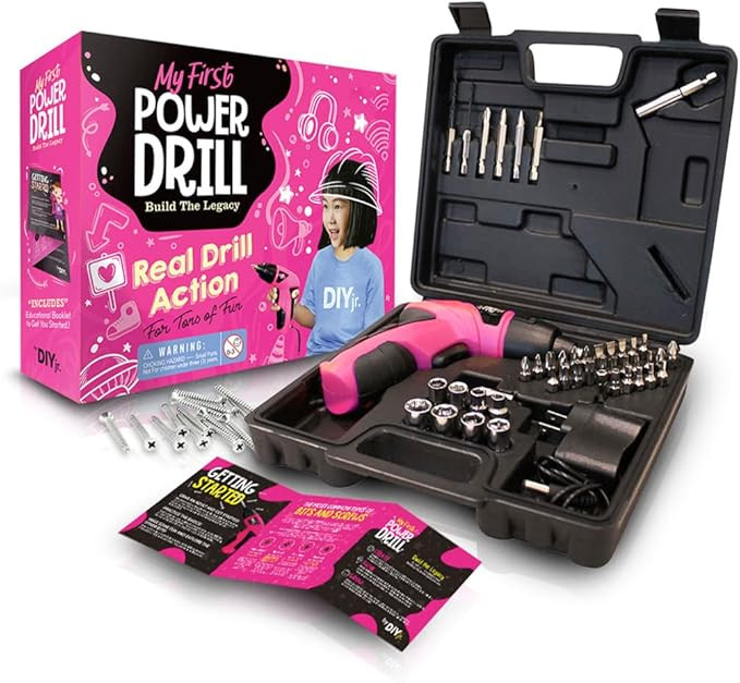 DIY jr. My First Power Drill - 60-Piece Working Tool Set for Girls - Rechargeable Cordless Pink D... | Amazon (US)