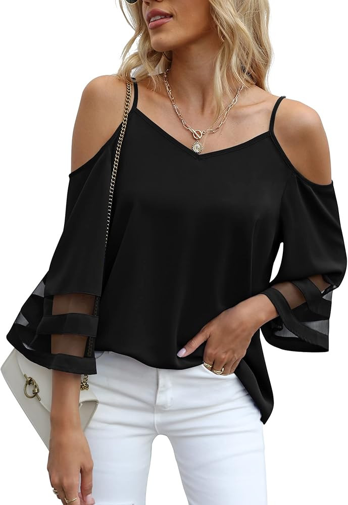 Jouica Women‘s Summer Cold Shoulder Tops Mesh Panel 3/4 Bell Sleeve Tees Adjustable Spaghetti S... | Amazon (CA)