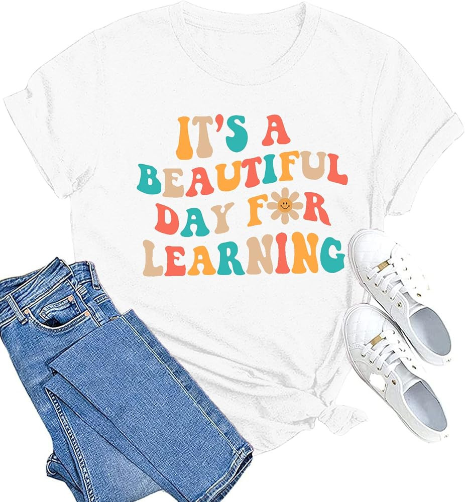 MAIHUN Women Teacher Life Shirt Teacher Gift Short Sleeve Shirts It s a Beautiful Day for Learnin... | Amazon (US)