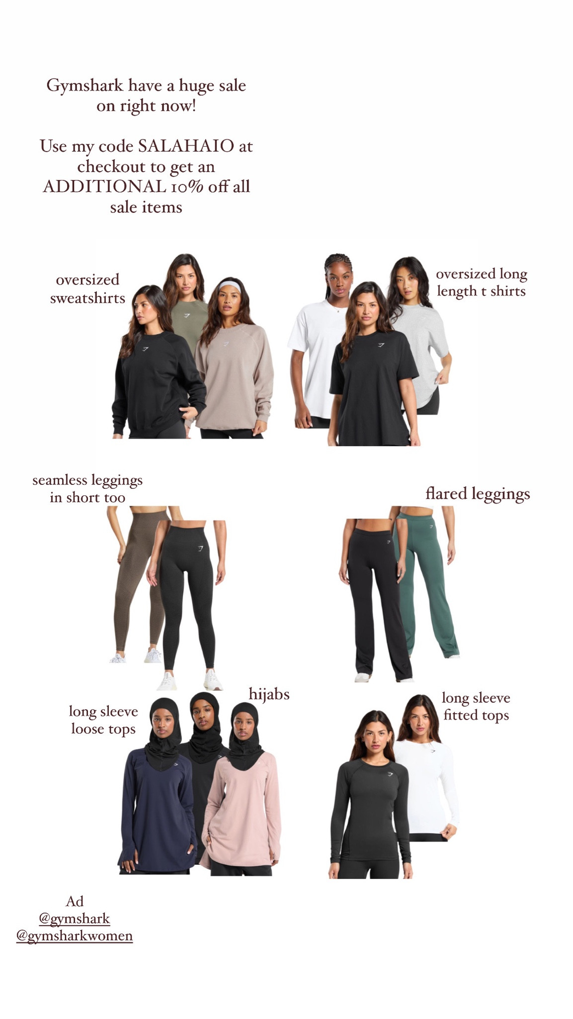 gymshark, winter sale, modest activewear, activewear, gymwear, gym hijabs, flared leggings, short leggings, long length tops, long sleeve tops, oversized t shirt

#LTKsalealert #LTKSeasonal #LTKfindsunder50