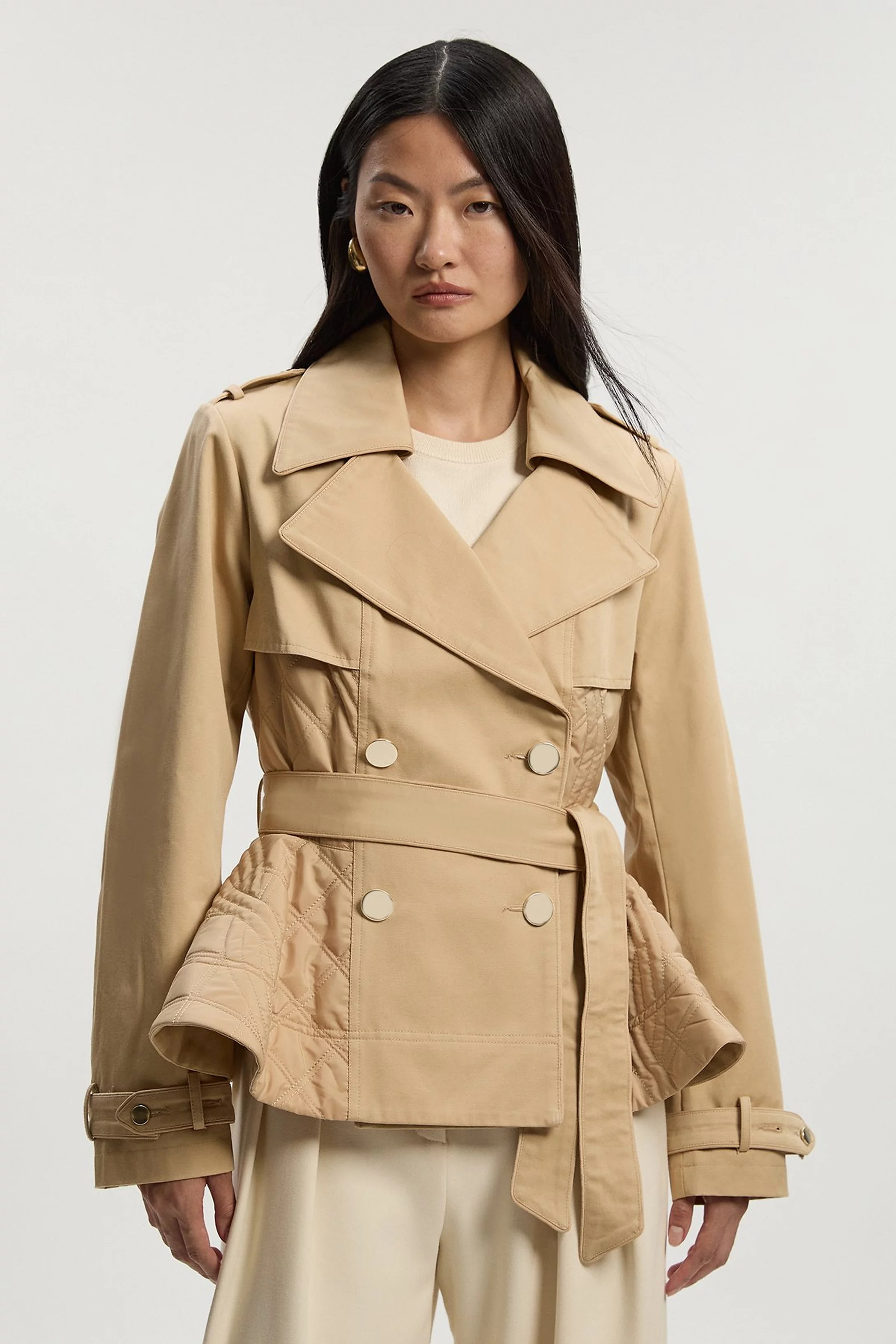 Quilted Padded Peplum Short Trench Coat | Karen Millen US