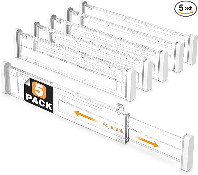 HiYZ Expandable Drawer Dividers 12.6-22.8'' Clear 5 Pack for Kitchen Utensils Bedroom Dresser Off... | Amazon (US)