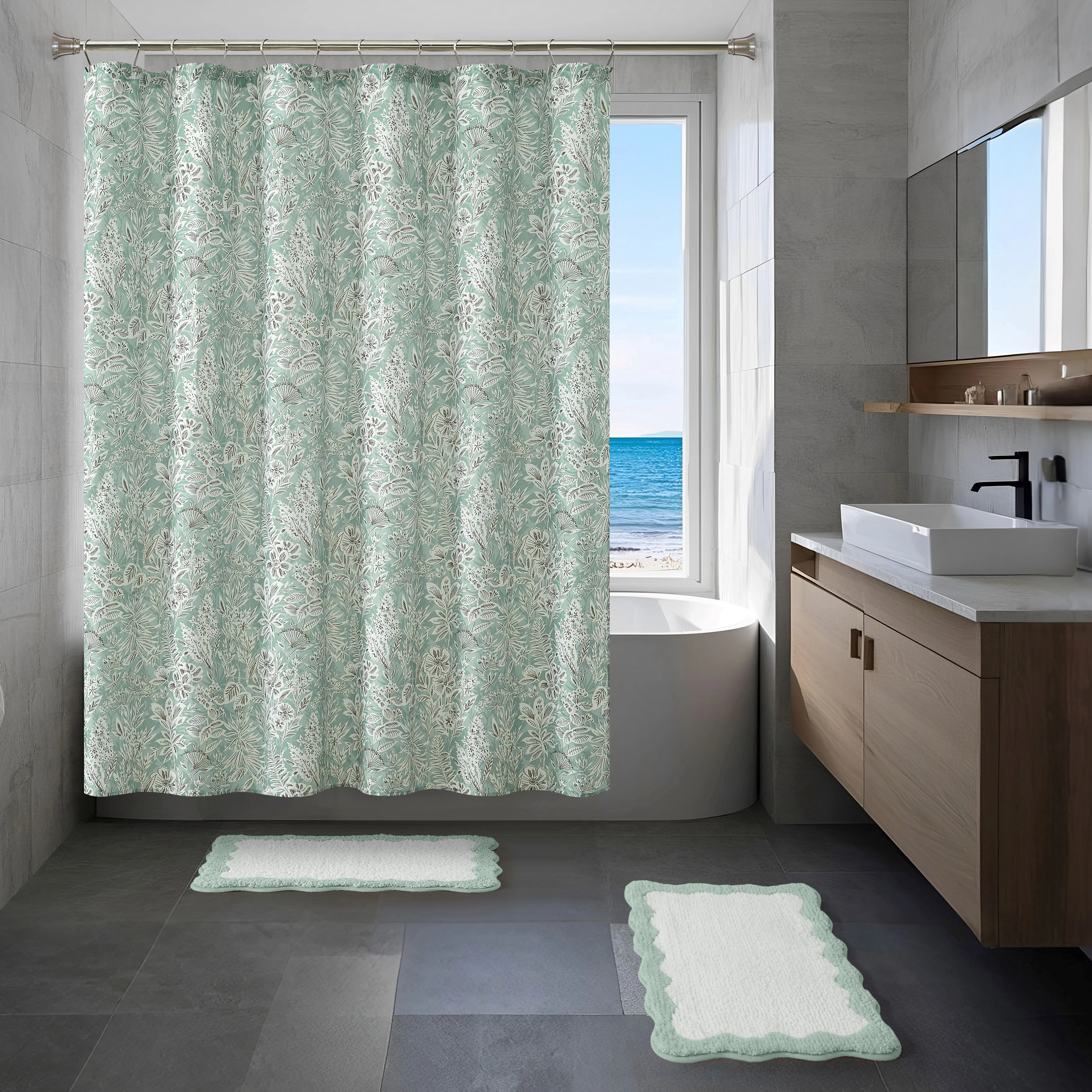 Mainstays 15-Piece Green Botanical Bathroom Set – Shower Curtain, Bath Rugs & Hooks, Nature-Ins... | Walmart (US)