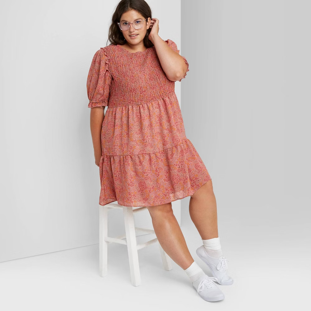 Women's Plus Size Short Sleeve Smocked Top Tiered Dress - Wild Fable Pink Floral 3X | Target
