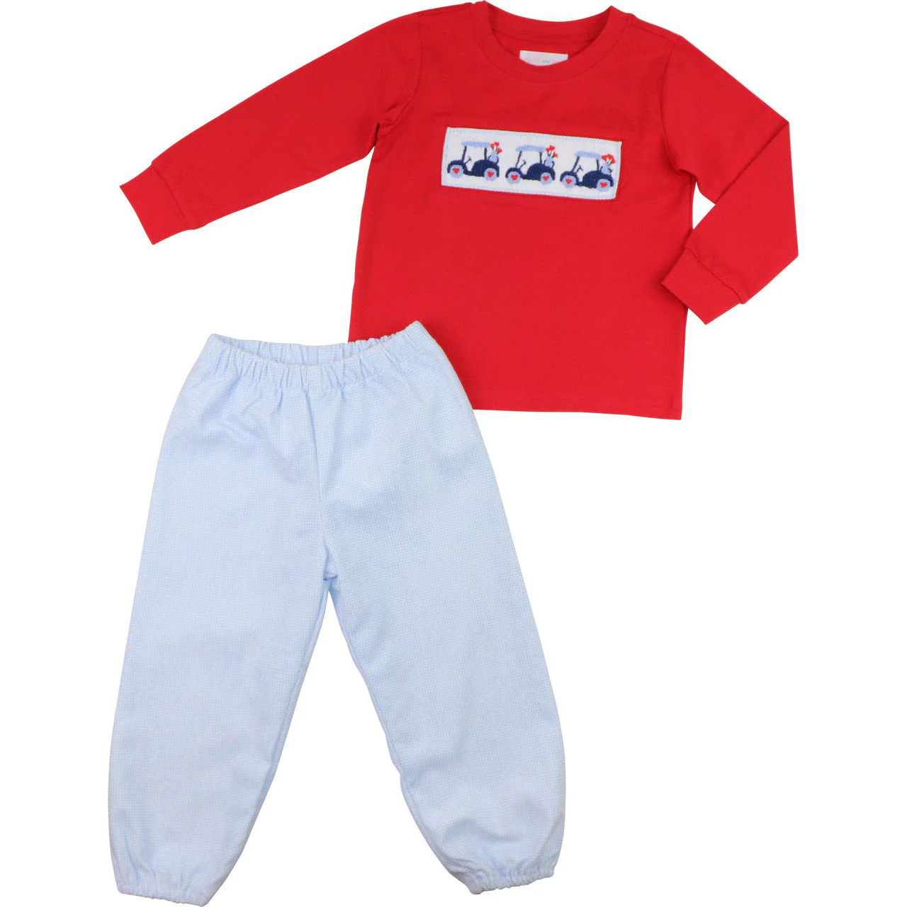 Red And Blue Corduroy Smocked Valentine Golf Cart Pant Set | Cecil and Lou
