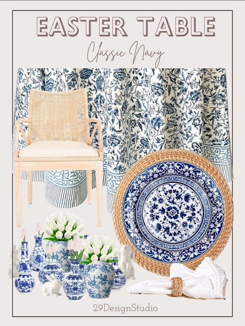 Navy Easter table 
Easter Tablescape 
Navy spring decor
Blue summer decor
Blue spring tablescape 
Blue floral plates
White bunnies 
Woven chair 
Navy blue decor 

#LTKHome #LTKSeasonal