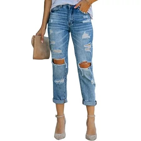 Aleumdr Jeans for Women Ladies Ripped Boyfriend Jeans Distressed Raw Hem Denim Pants S 4 6 | Walmart (US)