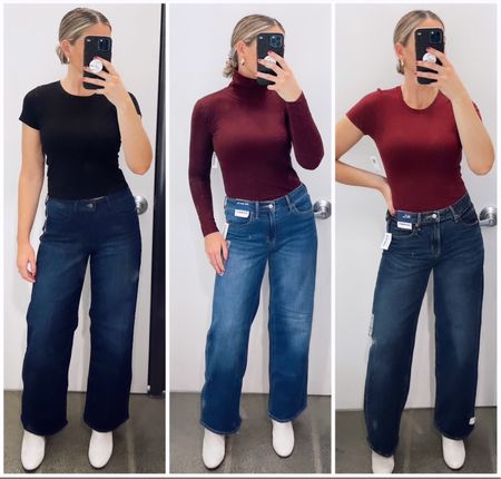 Great layering basics! These jeans are also a great price right now and super comfortable! Wearing size XS in the short sleeve shirts and S in the turtleneck. Wearing size 4 in the WOW jeans (left and center)  and a 2 in the no stretch jeans (right)

#LTKHoliday #LTKsalealert #LTKCyberWeek