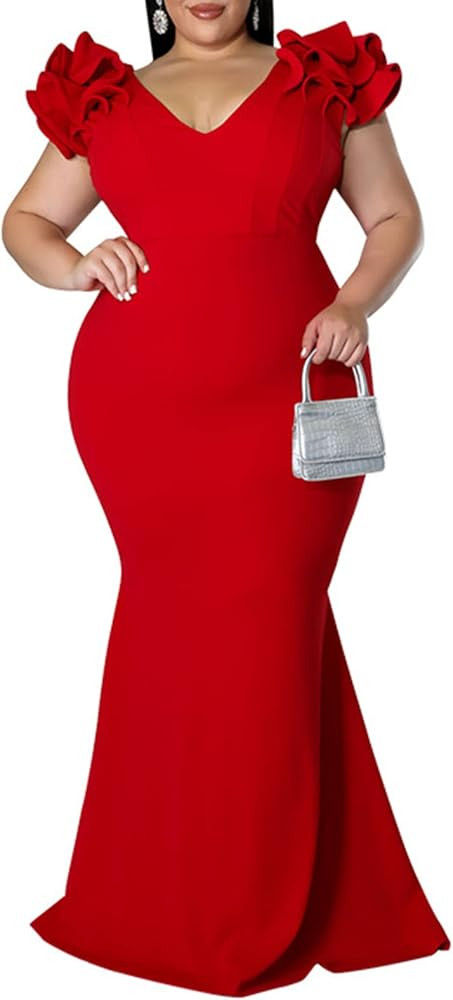 Women's Plus Size Maxi Dress Elegant V-Neck Ruffle Sleeves Bodycon Long Formal Dresses Evening Go... | Amazon (US)