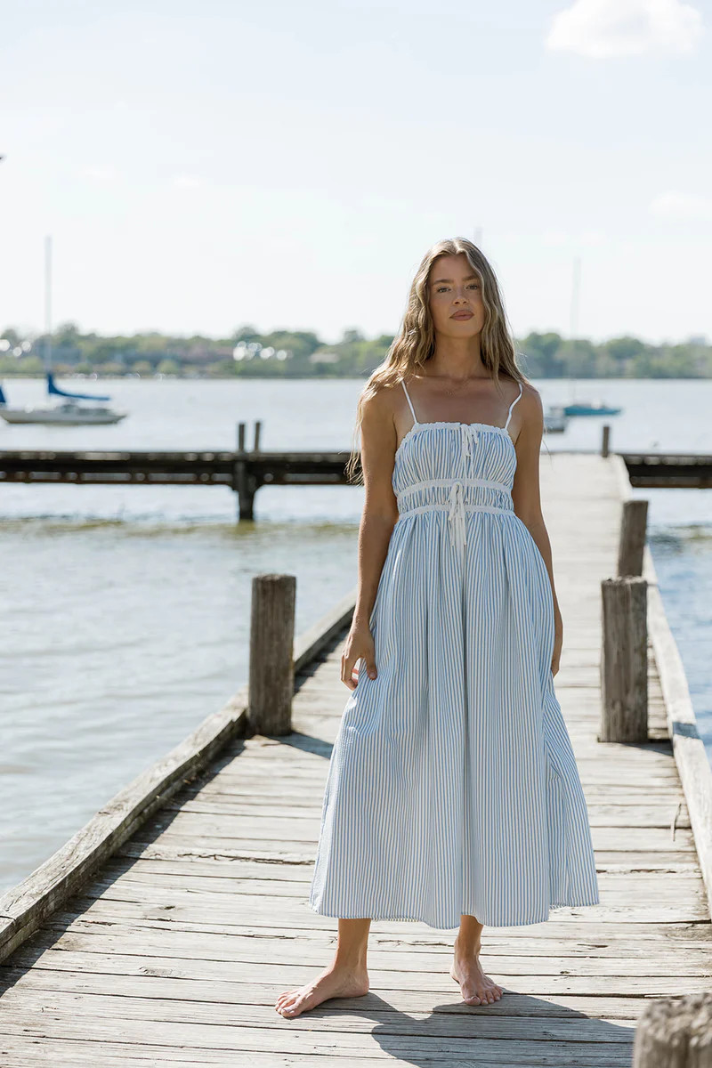 Marin Midi Dress in Blue Stripe | Worth Collective