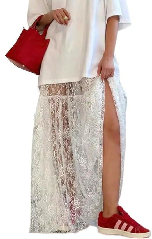Women's Summer Sheer Lace Maxi Skirt Floral Lace A Line Mesh See Through Flowy Trendy Beach Long ... | Amazon (US)