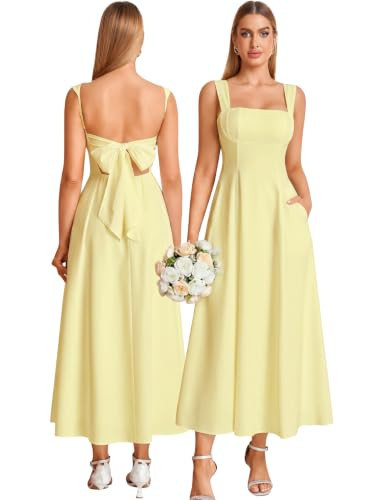 KUTUMAI Bow Tie Floral Corset Midi Dress Flowy Summer Tea Party Wedding Guest Dresses for Women Sundress with Pockets Yellow M | Amazon (US)