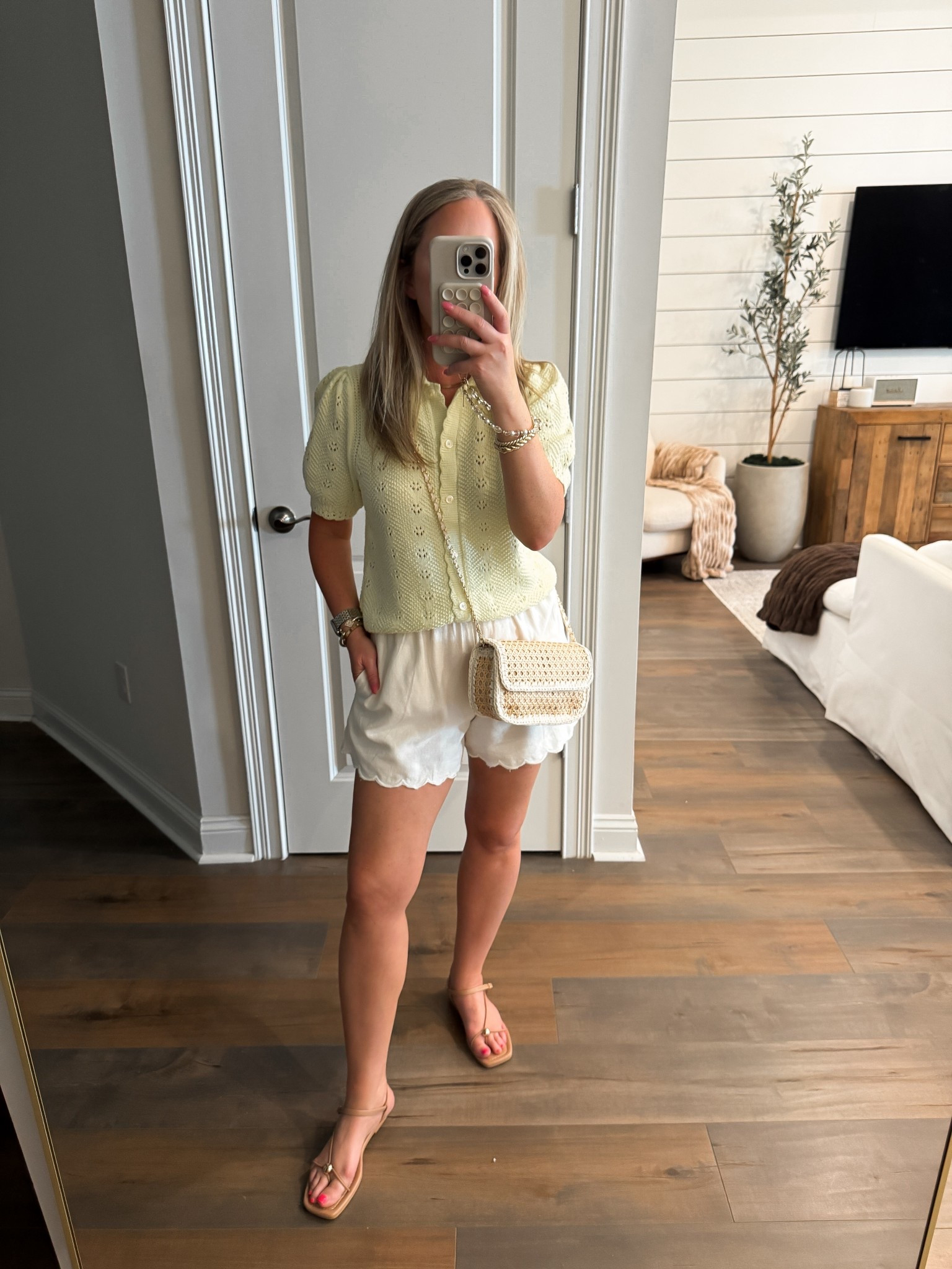 Walmart fashion Walmart finds crochet sweater butter yellow size small, white linen scallop shorts size medium, spring outfit summer outfit 