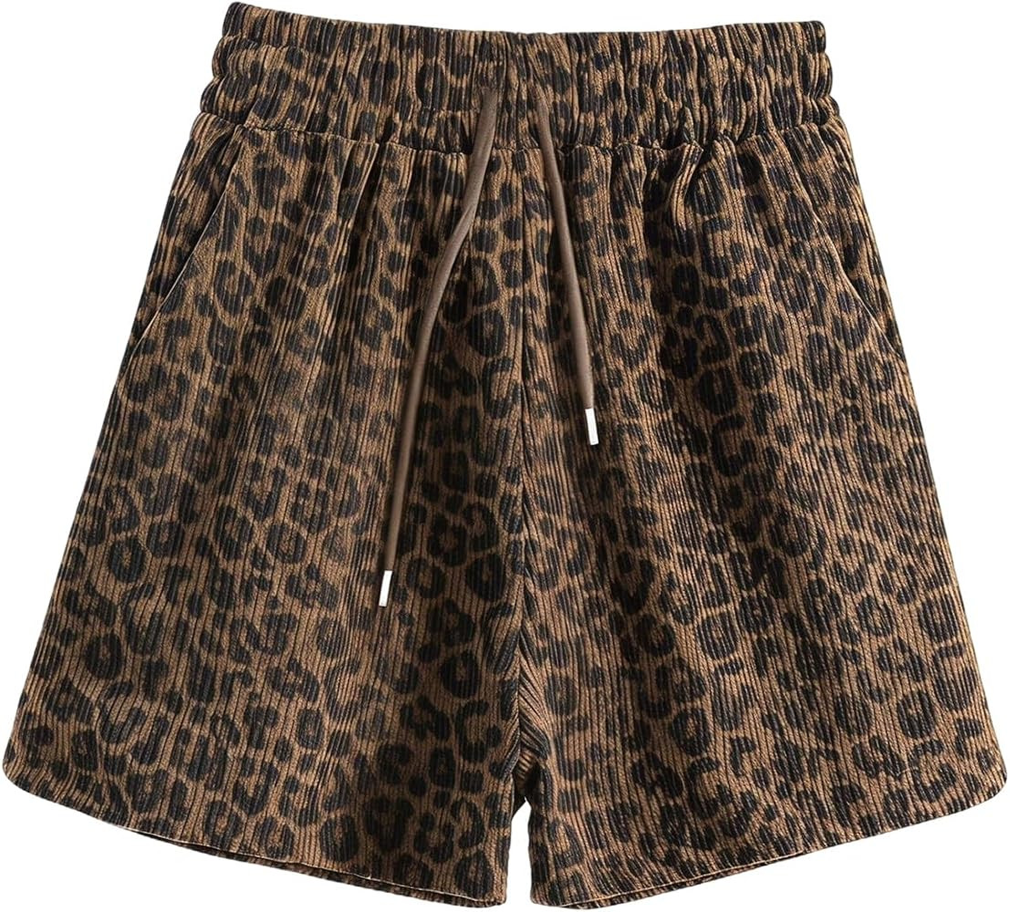 SHENHE Women's Leopard Print Shorts Corduroy Drawstring Summer Shorts | Amazon (US)