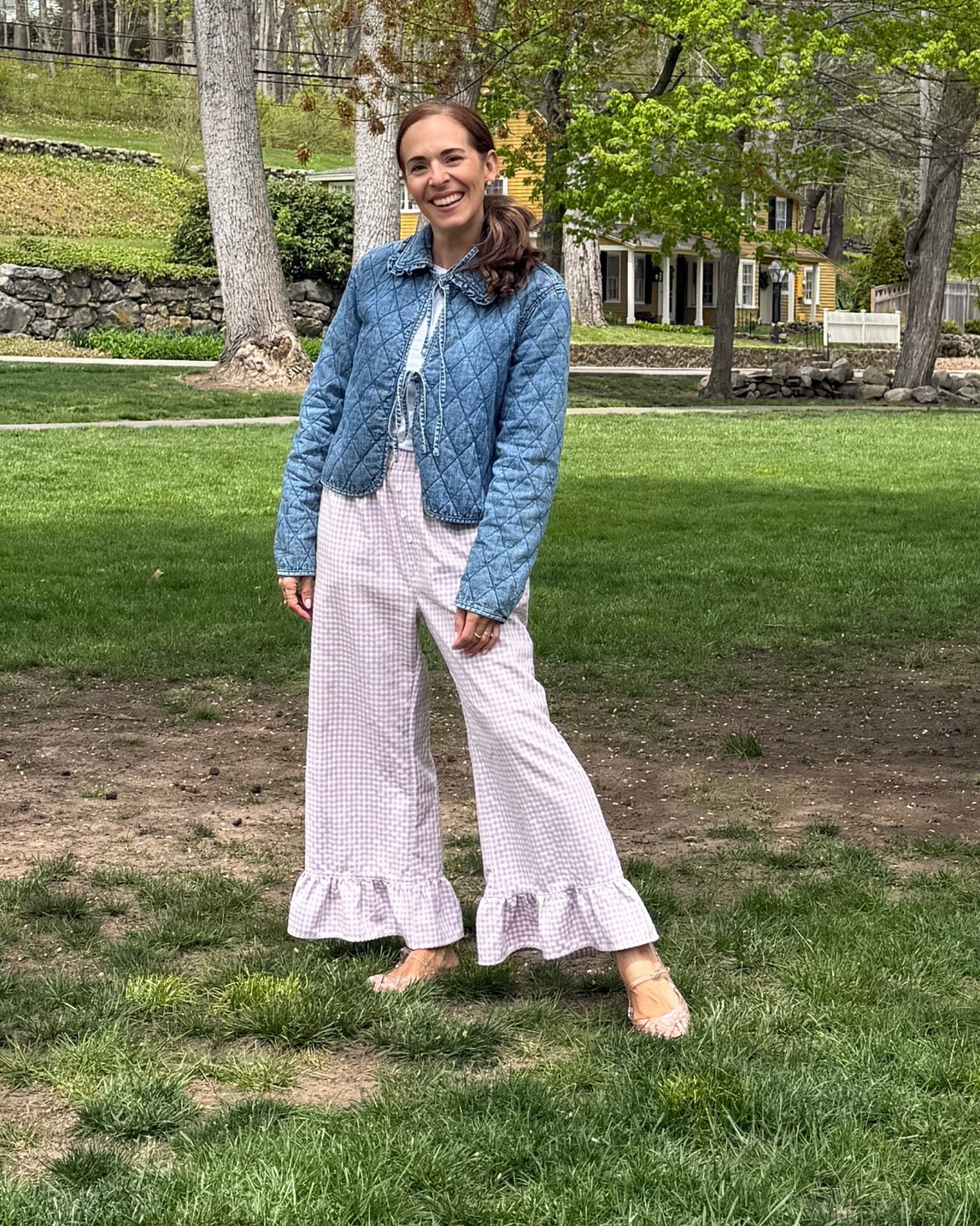 Wearing these gingham wide leg ruffle pants (under $30!) on repeat lately - they are sooo comfortable and look so cute with my on trend slip on mary Jane jelly shoes and my cute ruffle collar jean jacket. The perfect look for a park play date with my kids and friends, or just a great errand running mom outfit! The pants come in a ton of color options too!

#LTKMothersDay #LTKmomlife #LTKootd