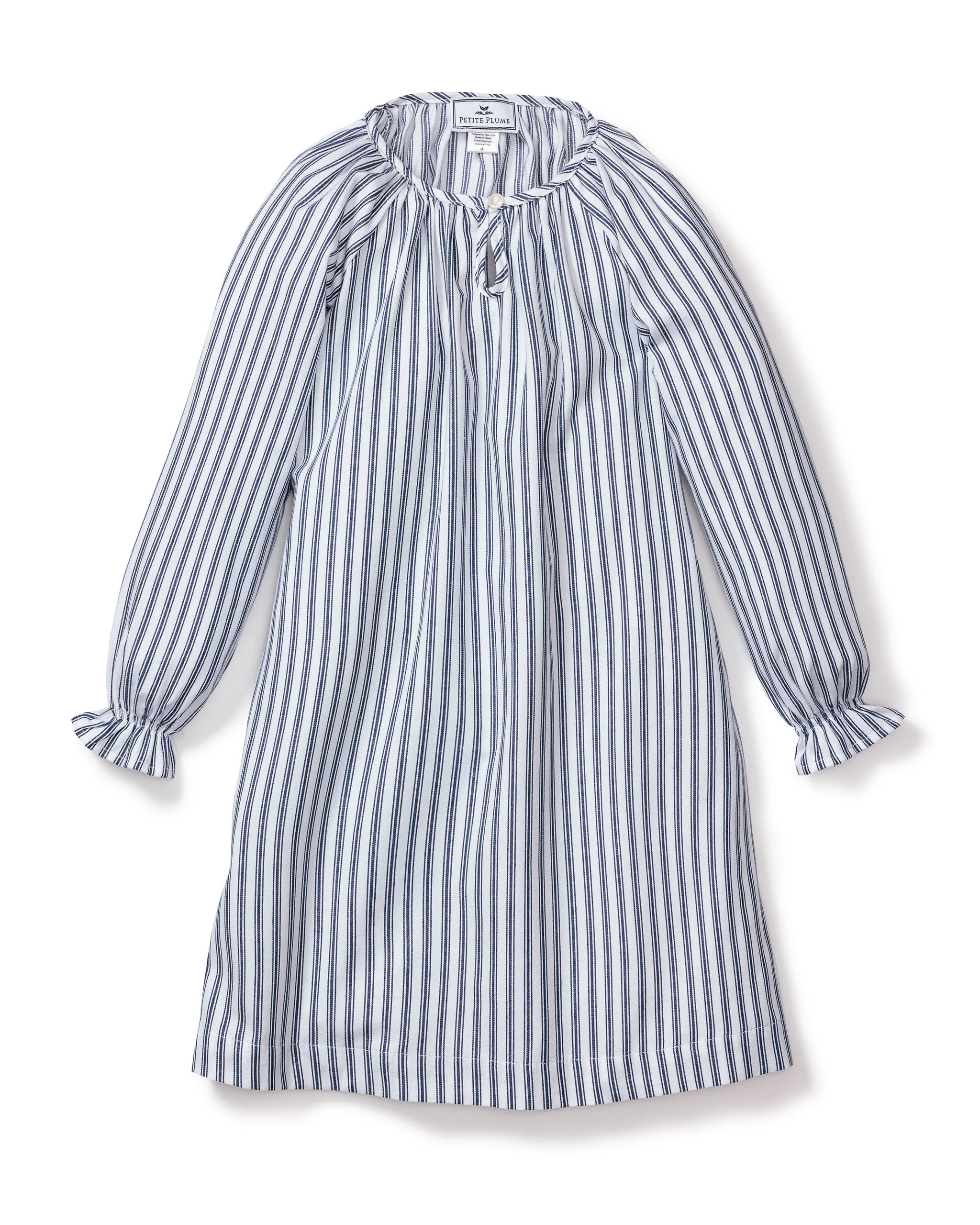 Girl's Twill Delphine Nightgown in Navy French Ticking | Petite Plume