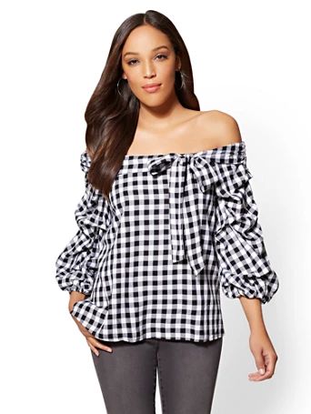 Gingham Off-The-Shoulder Ruffled Blouse | New York & Company