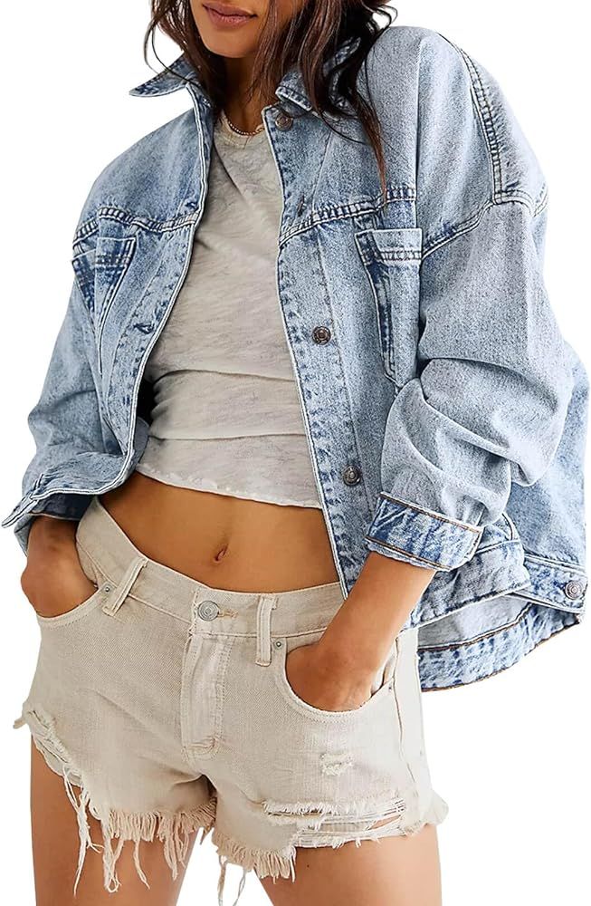 Fisoew Womens Oversized Denim Jacket Long Sleeve Button Down Casual Jean Coats with Pockets | Amazon (US)