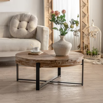 31.29" Modern Retro Splicing Fir Wood Top Round Coffee Table With Cross Legs Metal Base - ModernL... | Target