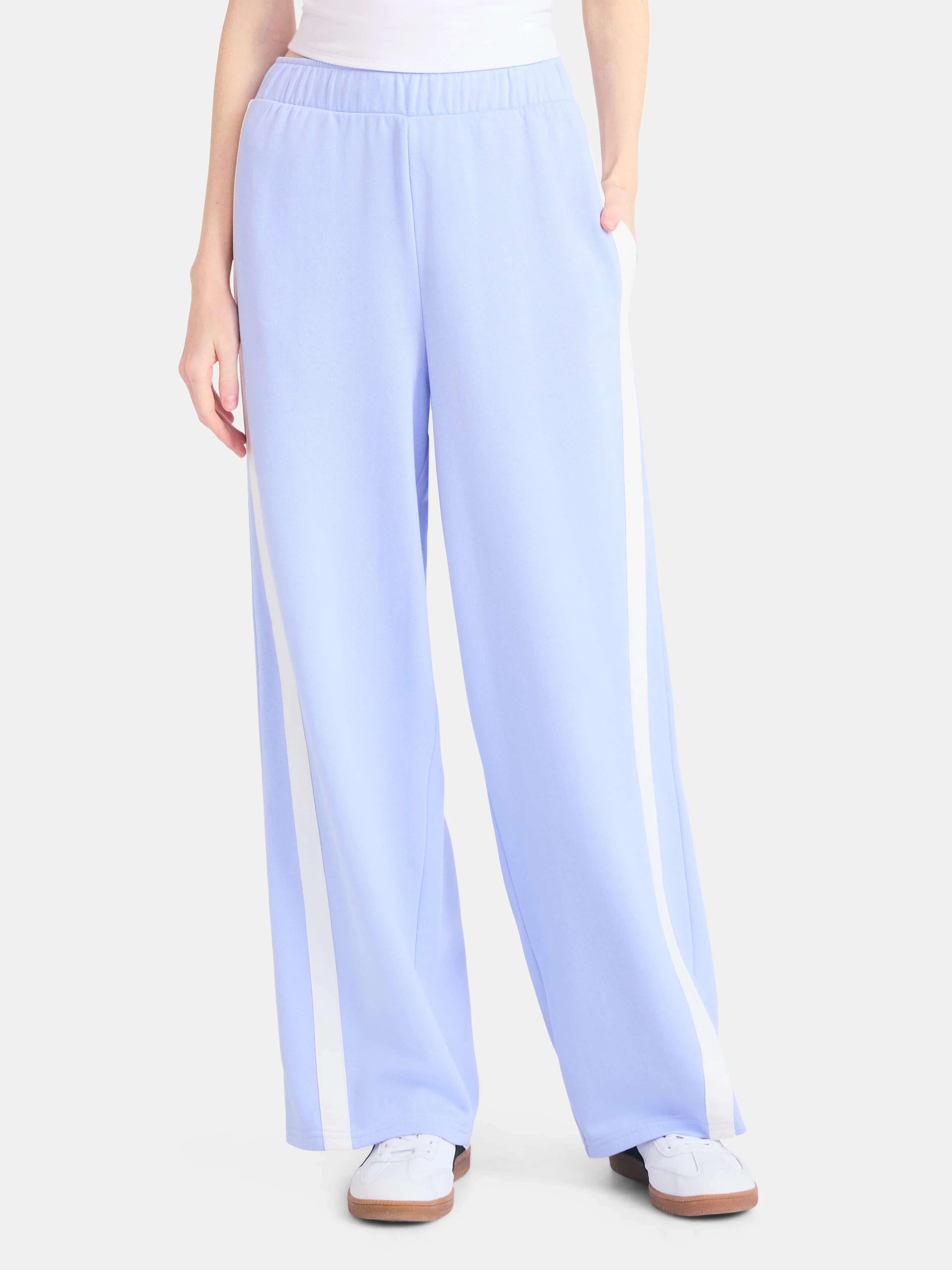 No Boundaries Wide Leg French Terry Pants with Side Stripes, 30'' Inseam, Women's | Walmart (US)