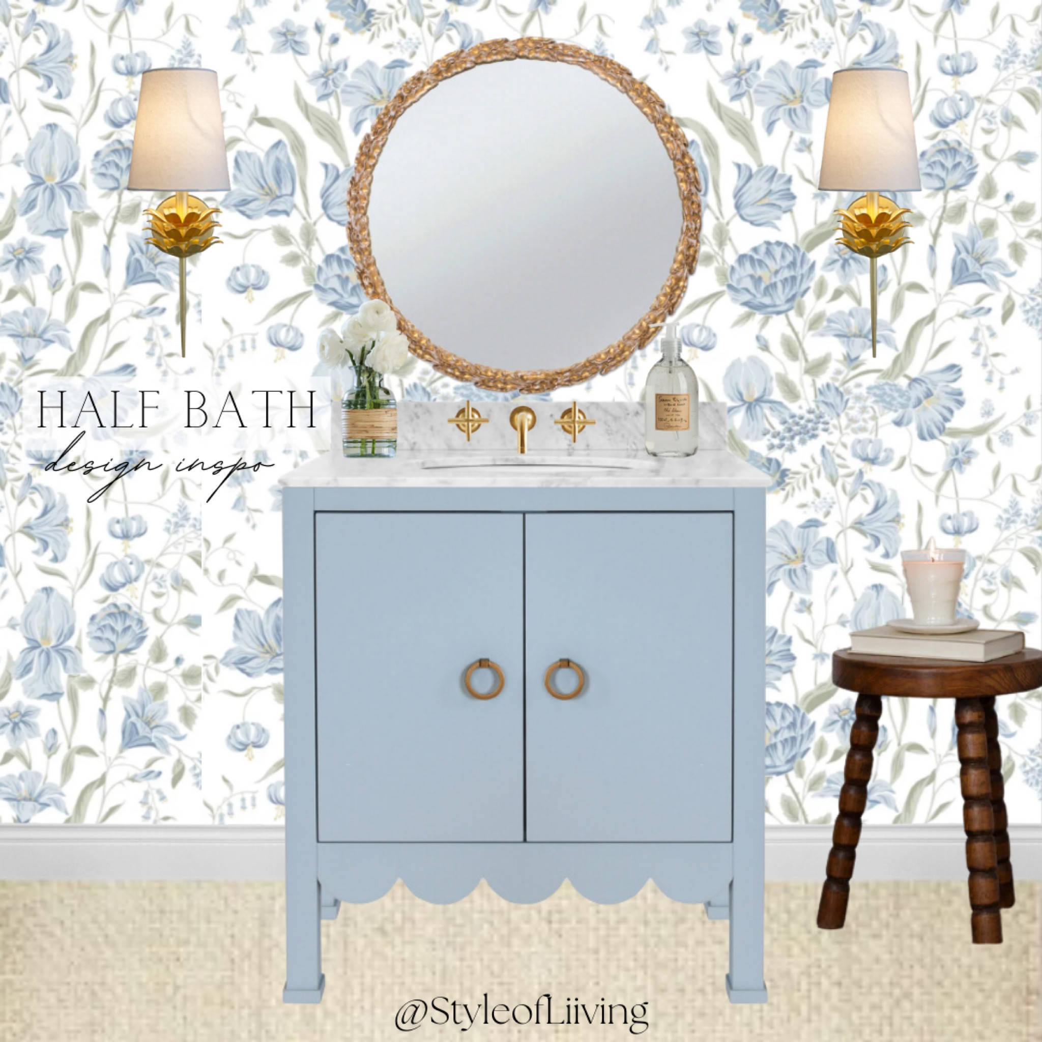 Half bath design inspiration! Bathroom vanity blue scalloped single sink, round gold leaf mirror, one arm sconces, bud vases, hand soap, vintage inspired stool, blue and white wall paper, candles. #homedecor

#LTKfamily #LTKstyletip #LTKhome