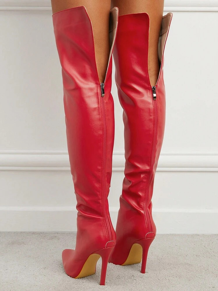 Pointed Toe Stiletto Heel Knee High Boots, Red, Sexy Party & Wedding Boots, Autumn/Winter, PU,Per... | SHEIN