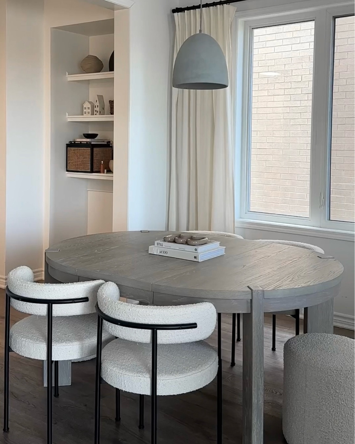 dining room set with expandable table + boucle chairs 🤍 perfect for hosting 4-6 guests!

