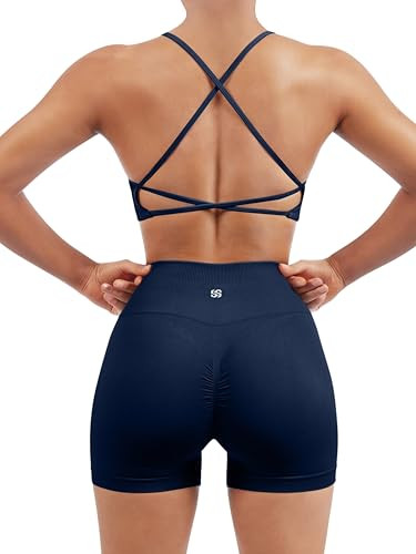 SUUKSESS Women Seamless 2 piece Workout Sets Strappy Padded Sports Bra Booty High Waisted Shorts Outfits (Navy Blue,S) | Amazon (US)