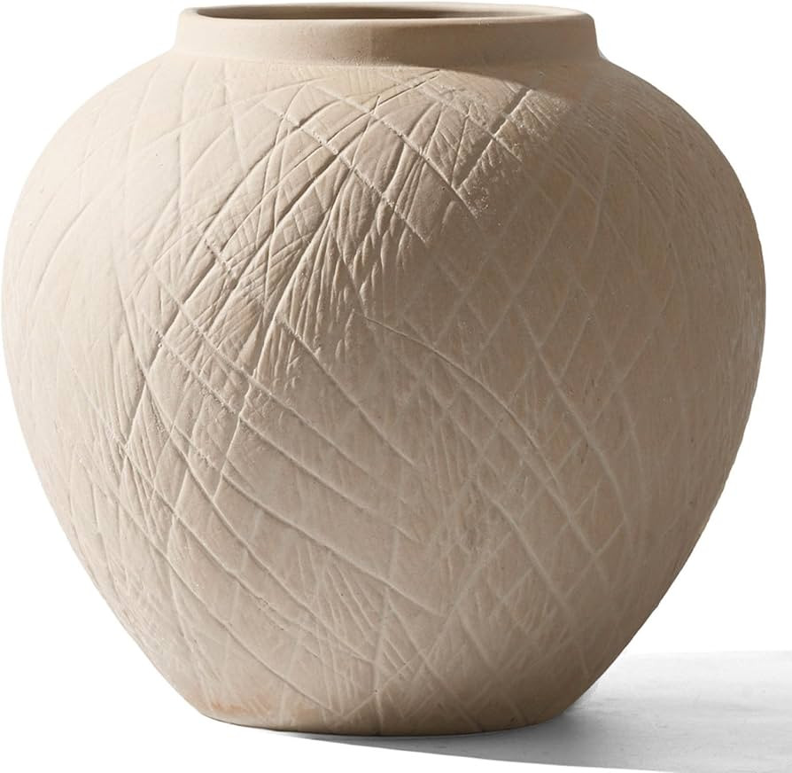 Large Carved Rustic Farmhouse Vase Home Decor - 8.8 in Ceramic Boho Decorative Vase for Decor, Ro... | Amazon (US)