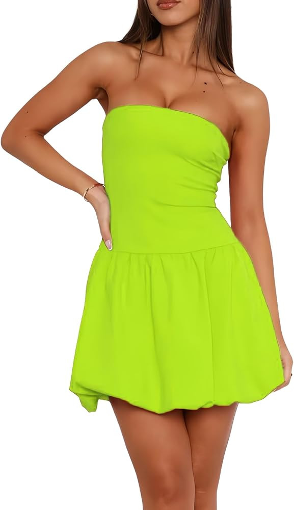 Hupplle Women's Bubble Mini Dress Sexy Strapless Neon Party Wear Summer Night Out Tight Tube Top ... | Amazon (US)