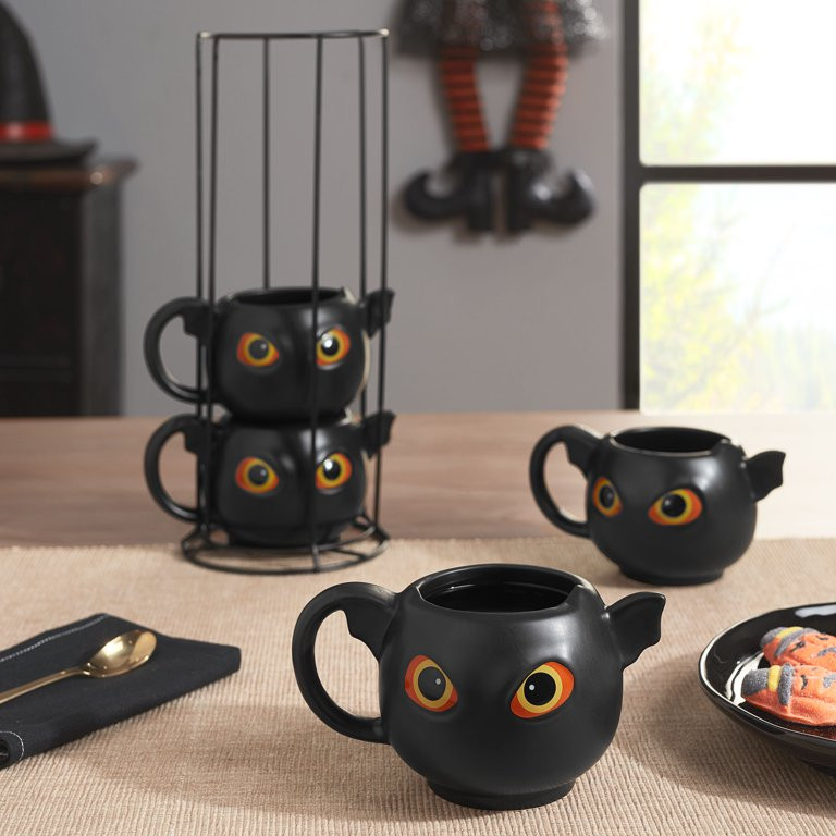 Way to Celebrate 4-Piece 13-Oz Black Bat-Shaped Glazed Ceramic Stacking Mug Set with Metal Rack -... | Walmart (US)