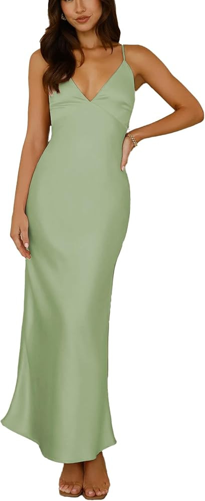 Summer Satin Spaghetti Strap V Neck Backless Midi Dresses for Women Wedding Guest Elegant Tie Bac... | Amazon (US)