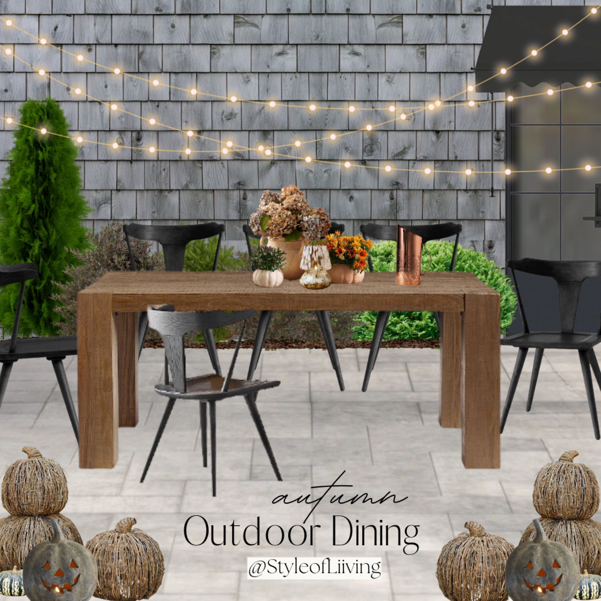 Outdoor dining. Pottery Barn table and chairs. String lights. Fall decor. Terracotta pumpkins, changing hydrangeas, pumpkin planters, autumn pitcher, Anthropologie light candle. Home decor and patio furniture. Hampton style exterior.

#LTKHome #LTKSeasonal #LTKStyleTip