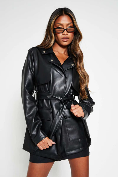 Black Belt Detail PU Coat | ISAWITFIRST UK
