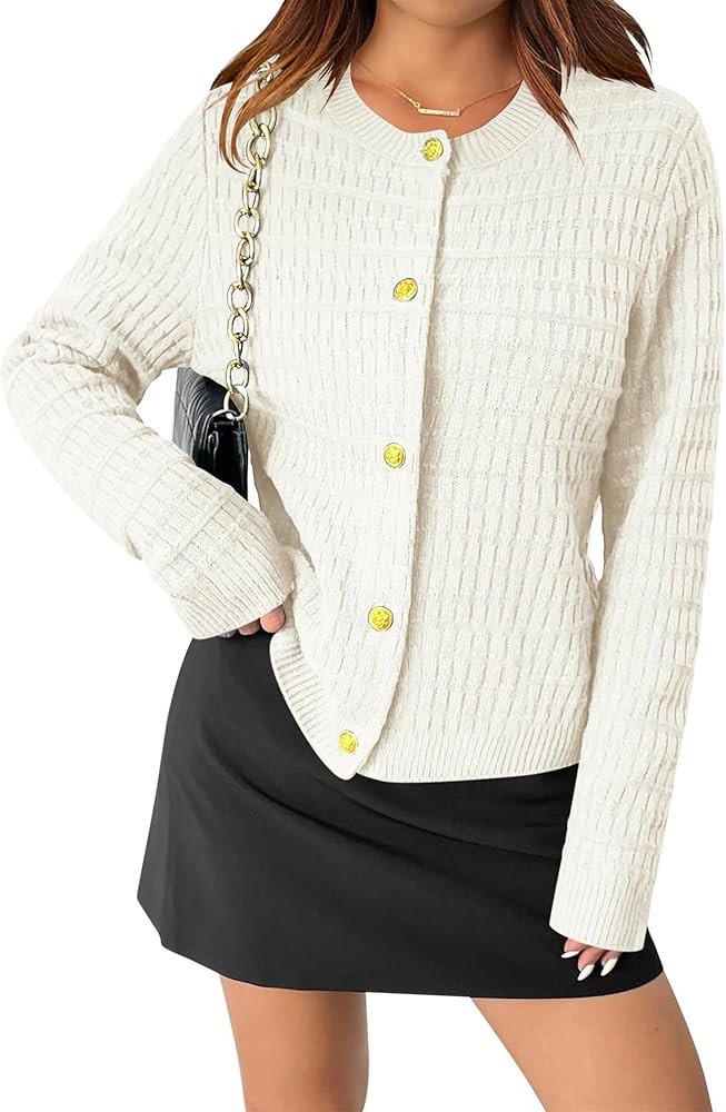 Zeagoo Women's 2024 Knit Cardigan Sweaters Long Sleeve Open Front Button Down Crew Neck Tweed Cro... | Amazon (US)