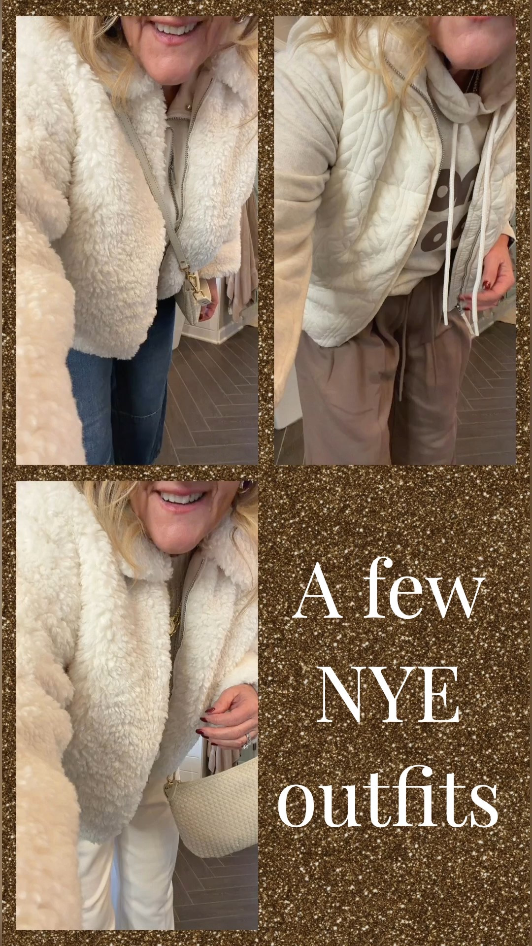 3 New Year’s Eve outfits 
Homebody sweatshirt size medium 
These pants are fantastic. I’m wearing a medium petite. If petite isn’t available, try sizing down in the regular length 
Best size medium petite 
Barrel jeans size 8 petite 
1/2 zip embellished sweatshirt size medium. I’ve linked a few options for this one 
Merlot flats tts 
Lined Sherpa coat size medium petite 
Winter white trousers I sized up to 10 petite. If not available you can do an 8 regular. 
Boots size up 1/2 selling fast. Having a couple retailers sourced 
Winter white sweater has subtle shimmer in it. Size medium 
35% off Allie Bess jewelry code NANETTE35

#LTKFindsUnder100 #LTKSaleAlert #LTKOver40