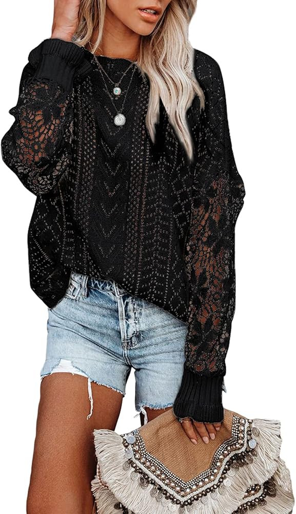 Dokotoo Womens Crewneck Crochet Lace Long Sleeve Hollow Out Cable Knit Sweaters Pullover Tops | Amazon (US)
