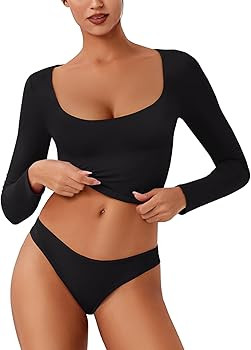 REORIA Women's 2024 Fall Basic Crop Tops Fitted Long Sleeve Scoop Neck Double Lined Shirts Fashio... | Amazon (US)