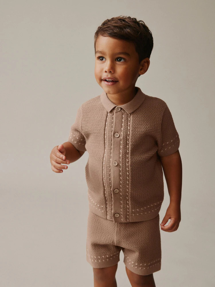 Tan Brown Textured Knitted Button Through Polo Shirt and Shorts Set (3mths-10yrs) | Next US