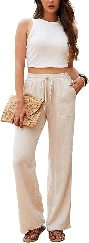 Beautiful Nomad Women's Linen Pants High Waisted Straight Pant Casual Flowy Wide Leg Drawstring T... | Amazon (US)