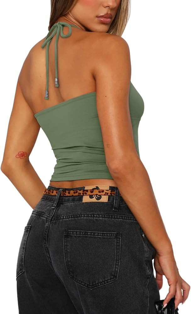 REORIA Women's Sexy Halter Backless Double Lined Tank Top Y2k Trendy Camisole Crop Tops | Amazon (US)