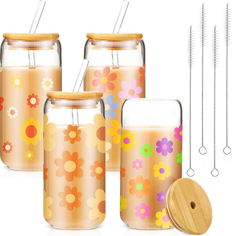 Cunhill 4 Pcs Employee Appreciation Gifts Iced Coffee Cup with Bamboo Lid and Straw 16oz Glasses ... | Amazon (US)