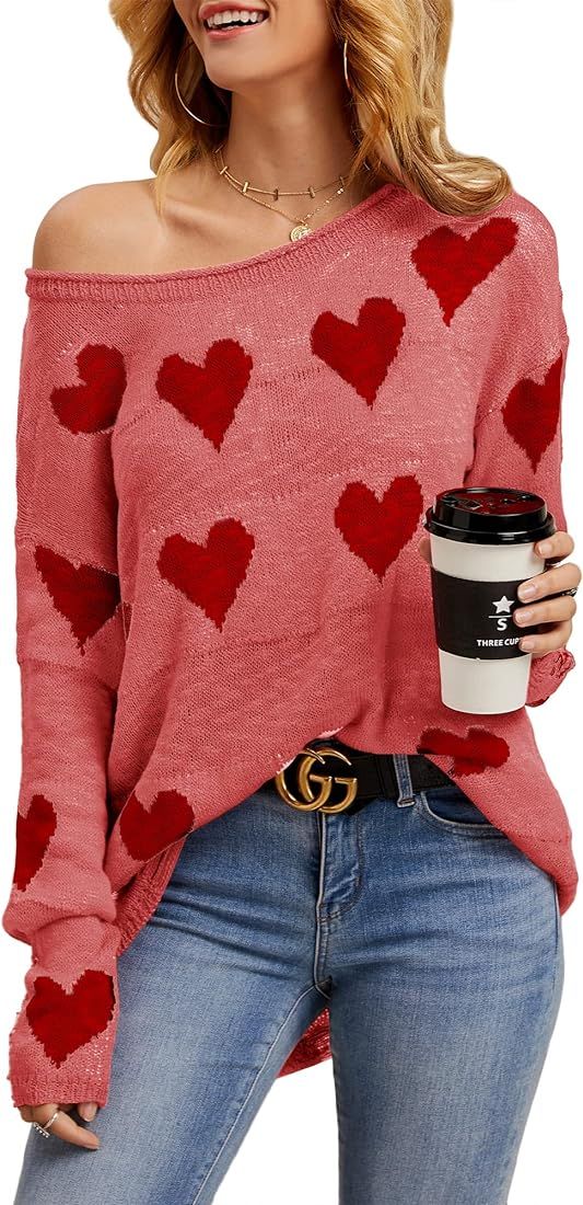 Chang Yun Women Off Shoulder Knitted Pullovers Sweater Loose Long Sleeve Hearts Printed Ripped To... | Amazon (US)